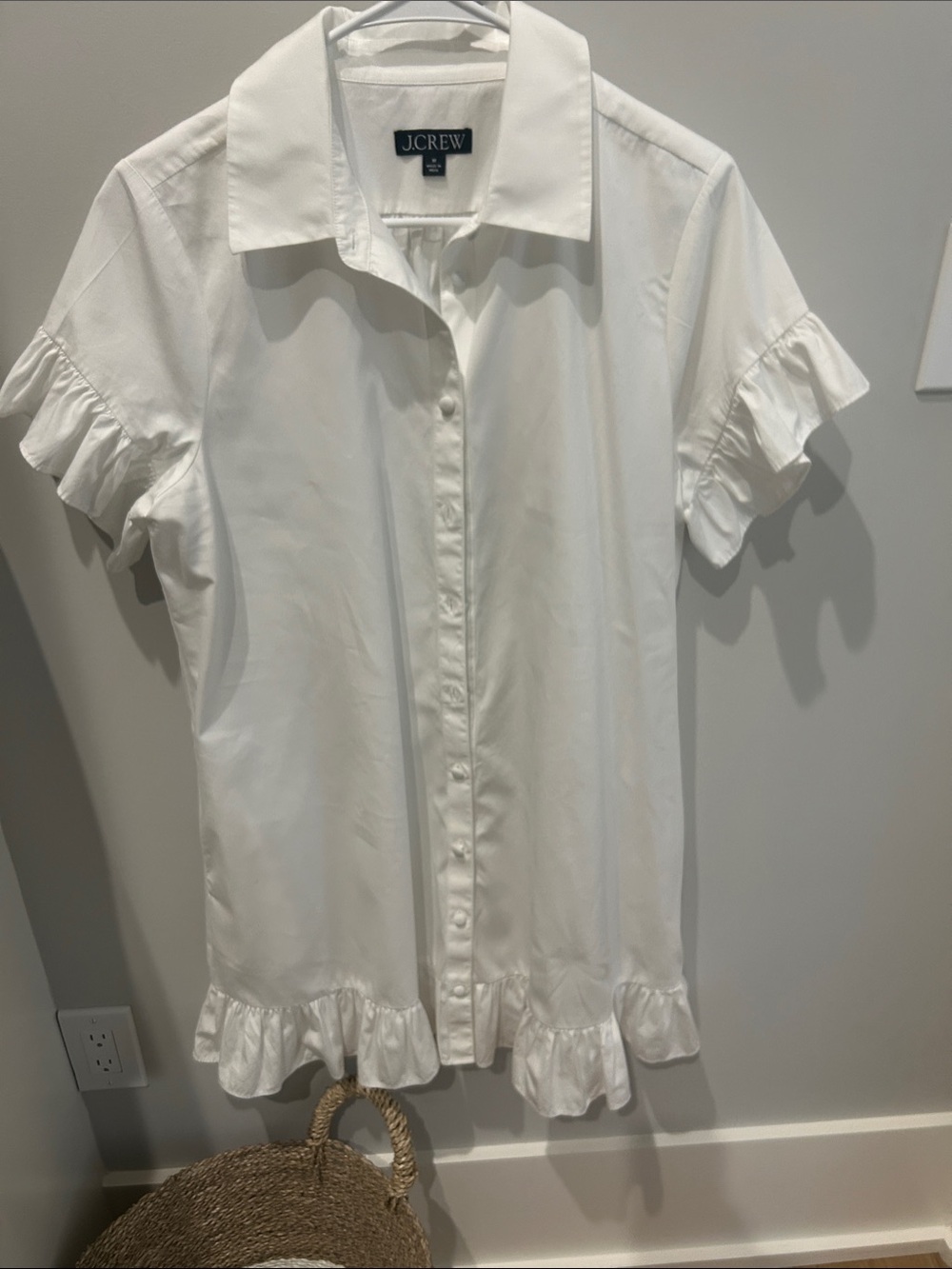 J. Crew White Ruffle-Hem Short Sleeve Button Dress